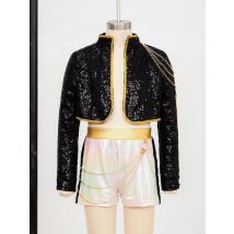 Kids Girls Demon Cosplay Singer Dance Outfit Anime Roleplay Sequins Shiny Jacket with Shorts Children Halloween Outfits Kleding