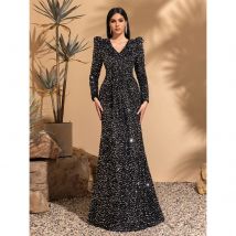 Hüftumarmendes Langarmkleid mit V-Ausschnitt und Pailletten, elegantes und schickes Kleid, schmale Taille