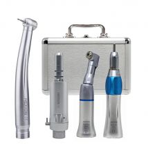 4-teiliges Dental-LED-Hochgeschwindigkeits-Turbinen- und Niedriggeschwindigkeits-Winkelstück-Set + 15 Fräser gratis mit Metallbox, Druckknopf und 3-fach Wasserspray, Akademisches Set