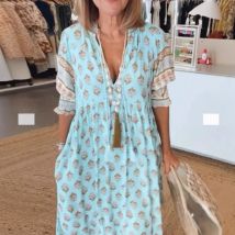Neue Mode Böhmischen Laterne Hülse Kleid Frühling Sommer Frauen V-ausschnitt Strand Langes Kleid Elegante Hohe Taille Gefaltete Urlaub Kleider