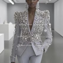Perline squisite Pietre Abiti per la madre della sposa Set da 2 pezzi personalizzati Pantaloni giacca monopetto Abiti da donna per matrimonio
