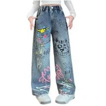 New Design Children Printed Hip Hop Jeans For Girls High Fashion Streetwear Denim Pants Kids Trendy Cartoon Jeans Trousers 4-14T