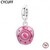 CYCUFF Nuovo S925 Sterling Silver Pink Cappello da cowboy Ciondoli con ciondolo Bracciale da donna originale Fashion Party Regalo alla moda per le donne Ragazze