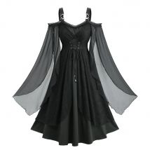 ROSEGAL Plus Size A-Linie Tankkleid Schwarz Floral Spitze Panel Schnürung Rüschen Chiffon Strukturierte Split Flare Ärmel Robe Vestidos