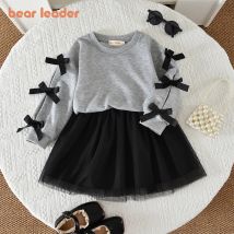 Bär Führer Mode Street Style Mädchen Kleidung Herbst Grau Lange Ärmeln Bogen Top + Schwarz Mesh Rock Koreanische Version kinder Set
