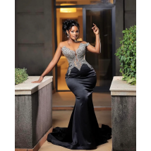 Afrikanisches schwarzes schulterfreies Meerjungfrau-Ballkleid aus Satin, trägerlos, Perlen, Spitze, Abendkleid, Geburtstagsparty-Kleid, individuelle Gestaltung