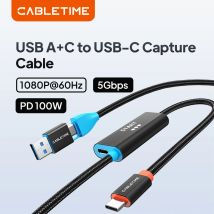 CABLETIME USB3.0 Video Capture with 100W PD Card USB A/USB C 2 in 1 Capture Cable 1080P@60Hz 5Gbps l for Tablet Laptop Switch