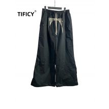 High Street Dark RO Schwarze Hose Herren 24SS Rick Style bestickte Slogan Tasche elastische Taille lässige lockere Arbeitskleidungshose