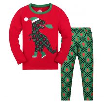 Weihnachtspyjama für kleine/große Jungen, lange Ärmel, weiche Dinosaurier-Pyjama-Set, Kindergröße 2–9 Jahre