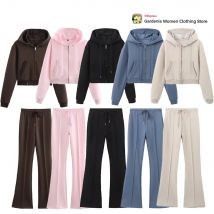 2024 Autumn Women MultiColors 2 Piece Hoodies Set Casual Flare Trousers Sets Interlock Cropped Sweatshirt Plush Front Seam Pants