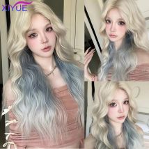 XIYUE Synthetische hellgoldene lange gewellte Bobo-Perücke, blond, blau, synthetische Naturhaar-Perücke für Frauen, tägliches Cosplay ﻿
