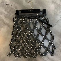 2023 Herbst neue Pu Leder Rock Frauen sexy Diamant Gitter ausgehöhlt Pu Rock Outwear Nachtclub Dame