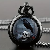 Vintage Gothic Krähen- und Totenkopf-Muster-Design, mit schwarzer Kette, Quarzwerk, Mini-Retro-Tasche als Halloween-Geschenk