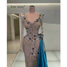Arabische Abendkleider mit langen Ärmeln und seitlicher Schleppe, individuelle Kristalle, Ayibe, Naher Osten, Hochzeit, Abschlussball, Nachtparty-Kleider