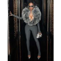 FAGADOER Sexy Fur Patchwork Jumpsuits Women Solid Color Deep V-neck Long Sleeve One Piece Rompers Female Party Clubwear Overalls