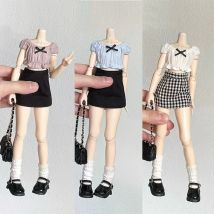 DLBell Fashion Blythe Kleidung Schulterfreies Schleifenoberteil und Mini-Karo-Kurzrock für Blythe OB24 Licca Pullip 1/6 Puppen-Outfit