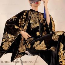 Neue Chinse Stil Kimono Strickjacke Cheongsam Herbst Winter Luxus Samt Bronzing Qipao Hanfu Jacke Mantel Elegante Haori Yukata Top