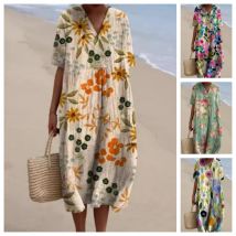 Sommer Einfarbig Baumwolle Und Leinen Kleid Frauen Mode Kurzarm V-ausschnitt Lose Midi Kleid Casual Urlaub Strand Kleider Weibliche