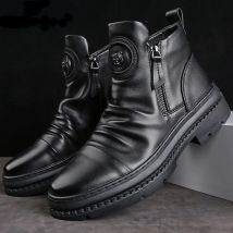 Stivali da moto in pelle da uomo stile britannico testa tonda scarpe alte con Zip laterale stivali con plateau Casual da passeggio Bota Masculina