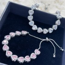 Pulseras de plata de ley con corazón blanco y rosa para mujer, brazaletes para niña con corte brillante CZ, pulsera ajustable nupcial, joyería de fiesta