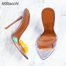 Transparente PVC-Sandalen für Damen, Sommer 2026, sexy Pantoletten mit spitzer Zehenpartie, dünne Absätze, Stiletto-Sandalen, große Größen, Damenschuhe