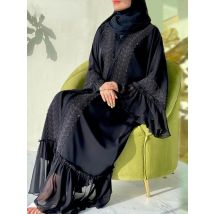 Eid Muslim Black Abaya for Women Djellaba Morocco Dress Dubai Embroidery Flare Sleeve Lace Abayas Dubai Islam Robe with Belt