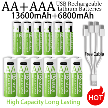 Neue 1,5 V AAA 6800 mAh + AA 13600 mAh wiederaufladbare Lithium-Batterien Schnelllade-USB-Li-Ionen-Akku 2000 Zyklen mit USB-C-Kabel