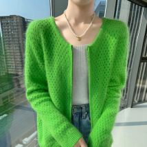 2025 Autumn New 100% Pure Mink Cashmere Zipper Cardigan Women's O-Neck Jacquard Hollow Knitted Jacket Fashion Loose Joker Coat