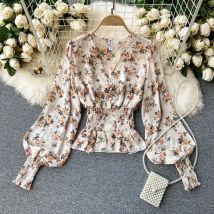 Frühling Sommer frauen Bluse Französisch Retro Floral V-ausschnitt Puff Sleeve Top Neue Taille Schlank Lange ärmeln Weibliche Kurze tops HH529