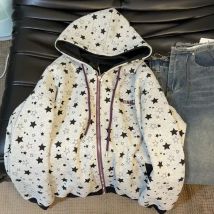 Streetwear Star Print Hoodies Frauen Lose Beiläufige Grau Stickerei Mit Kapuze Sweatshirts Amerikanischen Vintage Herbst Winter Hottie Zip Tops