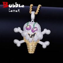 Skull Ice Cream Shape Necklace& Pendant Gold Color AAA Cubic Zircon Men's Hip Hop Jewelry