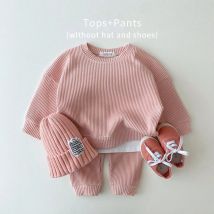 Baby Girls Clothes Autumn Cotton Kintting Clothing Sets Mock 2PCS Waffle Cotton Kids BoysSets Tracksuit Tops+Pants Korean