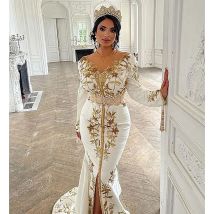 Transparenter marokkanischer Kaftan, formelle Abendkleider, Meerjungfrau, lange Ärmel, Applikationen, Ballkleider, arabische Partykleider, individuell gestaltet