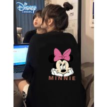 Damska koszulka z oficjalnym nadrukiem Myszki Minnie Disneya, czarna, codzienna, z różowymi kropkami i kokardą, wzór, bawełna, krótki rękaw.