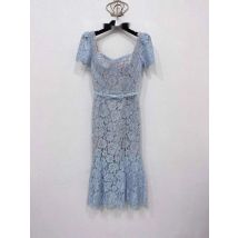 Elegante blaue Spitze Abendkleider Frauen Sommer Urlaub Stickerei aushöhlen Gürtel Kurzarm Prom Party Fischschwanz langes Kleid