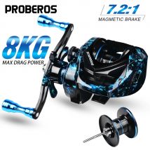 PROBEROS Baitcast-Rolle, 7,2:1 Übersetzungsverhältnis, Angelrolle, Metallspule, 8 kg, maximale Zugkraft, Ködergussrad, magnetisches Bremssystem, Pesca