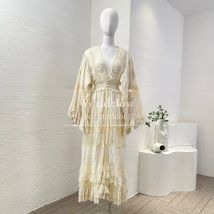 Weiß Beige Langarm Stickerei Blatt Gerafftes Midikleid 2025, neuer Stil für Damen