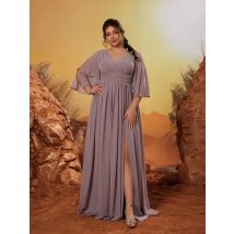 Mgiacy V-Ausschnitt, handgefaltetes, mittellanges, rückenfreies, schnürendes, geschlitztes, elegantes und würdevolles Brautjungfernkleid