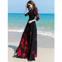 2024 Summer New Korean V-Neck Printed Chiffon Dress Women Waist Temperament Large Swing Thin Slim Beach Long Dresses Femme