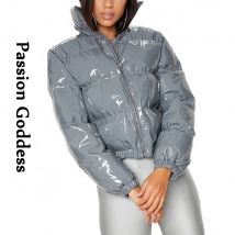 Frauen Shiny Grau PU Leder Unten Puffer Jacken Winter Glänzend Leder Blase Mäntel Dicke Parkas Unten Zipper Puffy Jacke Parkas