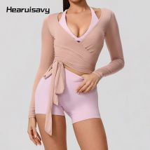 Hearuisavy Damen-Yoga-Shirt, langärmelig, Sportbekleidung, Fitnessstudio, lässig, atmungsaktiv, schnell trocknend, Sport-Top, Pilates, Tanz, Ballett, Wickel-Tops