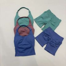 2 Pieces Sports Set Women Backless Halter Tops High Waist Seamless Hight Stretch Shorts Gym Suit Sportswear Workout Sets