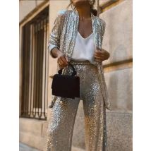 Tossy Pailletten Mode 2-teiliges Set Frauen Gerade Legg Schlank Glitter Patchwork Anzug Outwear Und frauen Hosen Sets weibliche Outfits