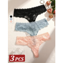 3Pcs Frauen Spitze Sexy Thongs Low-Rise Briefs Sexy Weiche Damen Unterwäsche Trendy Floral Unterhose Weibliche Blumige Panty dessous