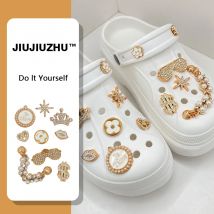 1 Satz goldene modische Schuh-Charms-Dekorationsset für Crocs, Strass-Perlenkette, Clogs, Anstecknadeln, Geschenk für Frauen und Mädchen