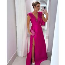 Maßgeschneiderte maßgeschneiderte hochwertige rückenfreie Abendkleider mit V-Ausschnitt, elegante Spaghettiträger, Seitenschlitz, Satin, Vestido De Festa Rob