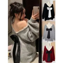 Elegante Bogen Schwarz V-ausschnitt Mit Langen Ärmeln Frauen Gestrickte Pullover Tees Herbst Winter Spitze Pullover Pullover Lose Tops Mode Weibliche