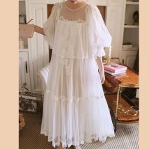 Prinzessin Weiß Vintage Lange Nachthemden Gaze Rundhals Puff Lange Ärmel Baumwolle Nachthemd Lose Design Stickerei Nachthemd Neu