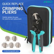 Zestaw narzędzi do zaciskania z szybkimi wymiennymi szczękami do nieizolowanych końcówek otwartych, tubularnych, MC4, solarnych, JST.