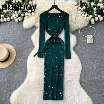 High QUALITY Newest 2026 New Designer Fashion Women's Rhinestone Diamonds Beaded Long Maxi Dress Sweater Dress Knit Outfits